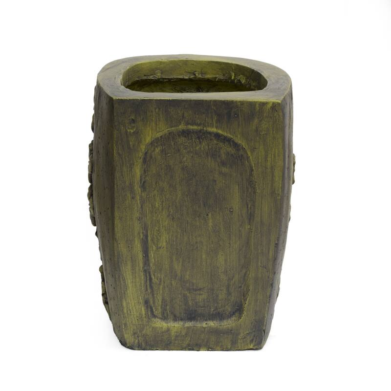 Outdoor stone statue planter with drainage hole, suitable for garden and patio.