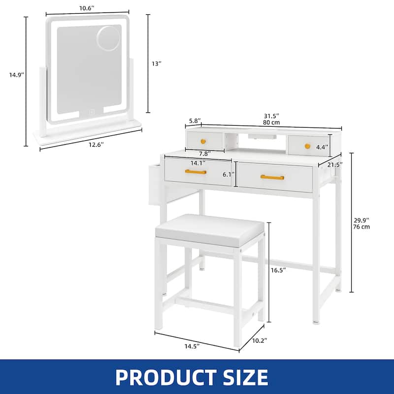 Vanity Desk with Mirror & Lights, Cream White Makeup Table Set with Stool - 31.5''W X 21.5''D X 30''H