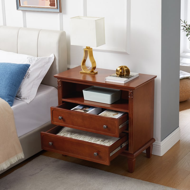 2 Drawers Dresser Nightstand with Charging Station, End Table Walnut Side Table Storage Cabinet with Wood Legs - Walnut