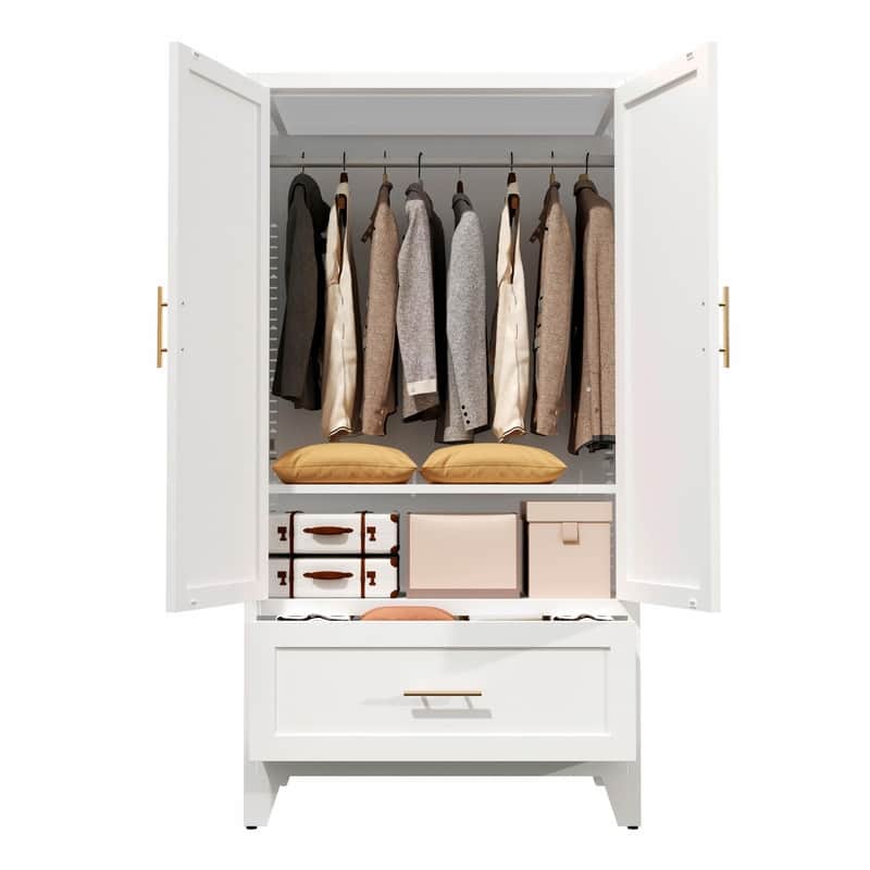 60" Tall Metal Wardrobe Cabinet - 2-Door Closet with Hanging Rod, Shelf, and Drawer