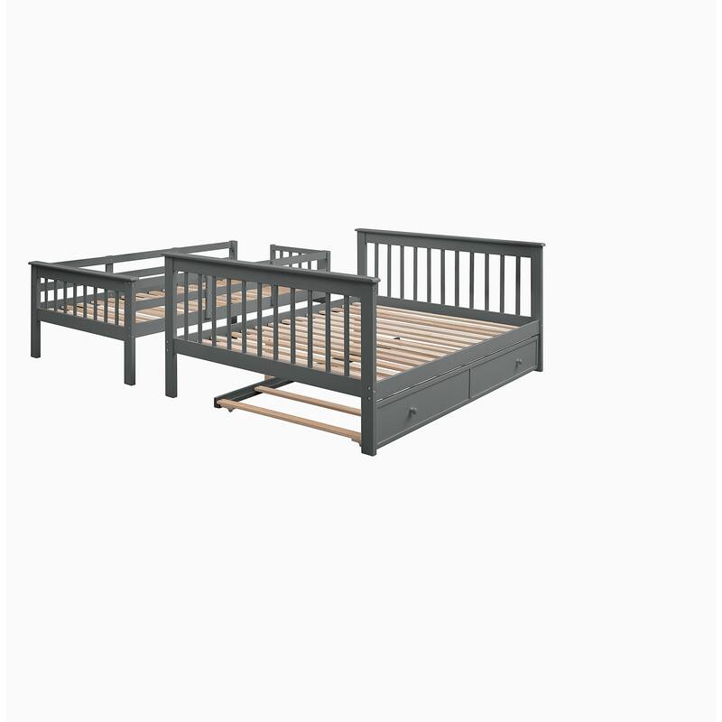 Twin Over Full Size Wood Bunk Bed with Twin size Trundle, Stairway, Storage and Guard Rail
