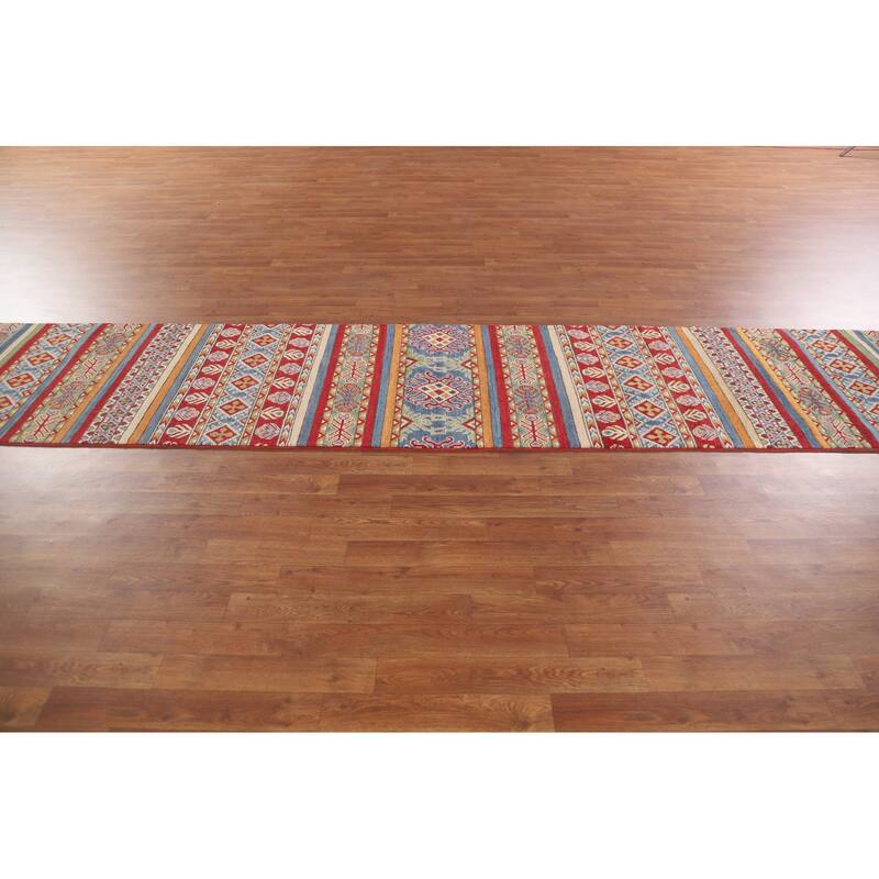 Hand Knotted Oriental 100% Wool Carpet Traditional All-Over Multi-Colored Kazak Runner Rug - 13' 10'' X 2' 6''
