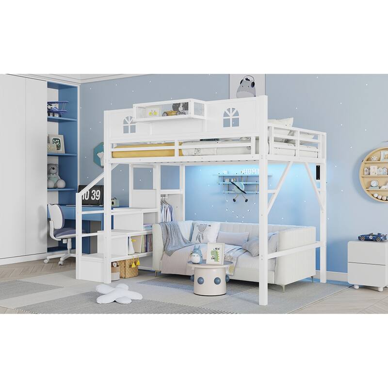 Roomfitters Full/Queen Metal Loft Platform Bed, Staircase Wardrobe and LED Charging Station with House Guardrails for Bedrooms