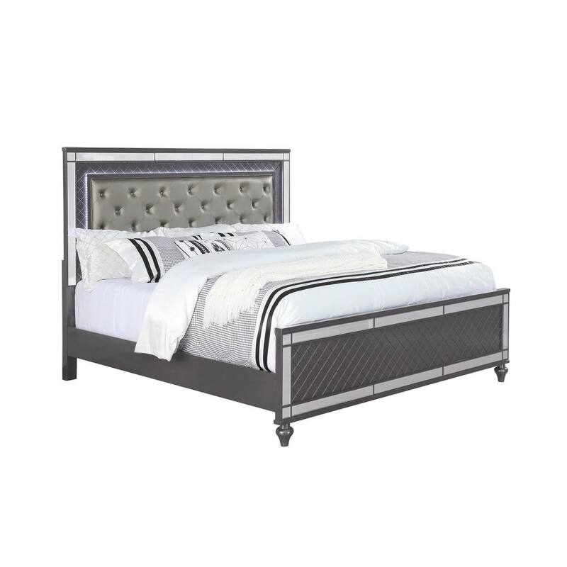 Reff Queen Size Bed, Button Tufted Gray Fabric Upholstery, Modern Wood