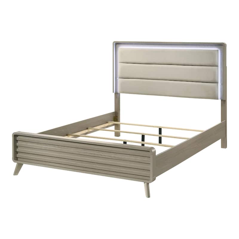 Furniture of America Thaila Modern 3-Piece Grey Wood Upholstered Panel Bedroom Set with LED on Headboard