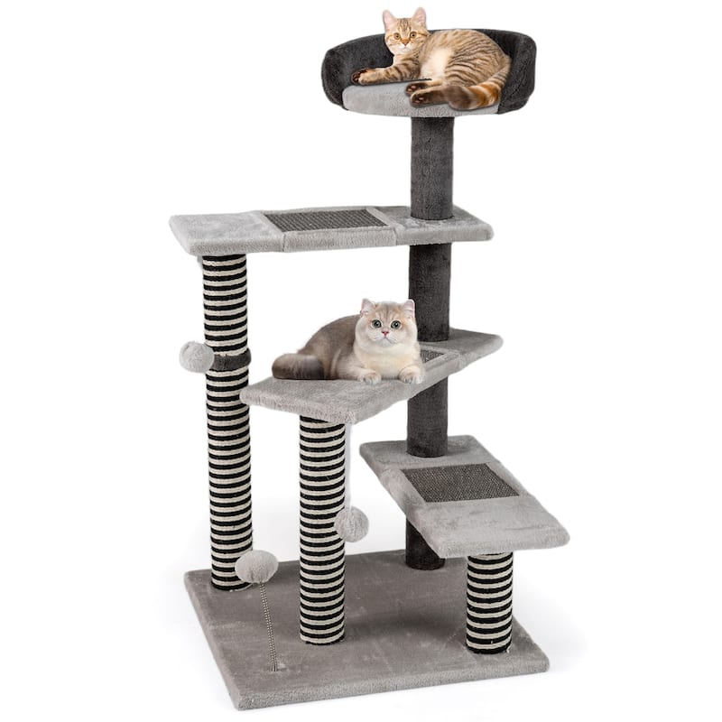 Gymax 2-in-1 Cat Tree Tower Pet Steps w/ Scratching Posts Hanging Toy - Grey
