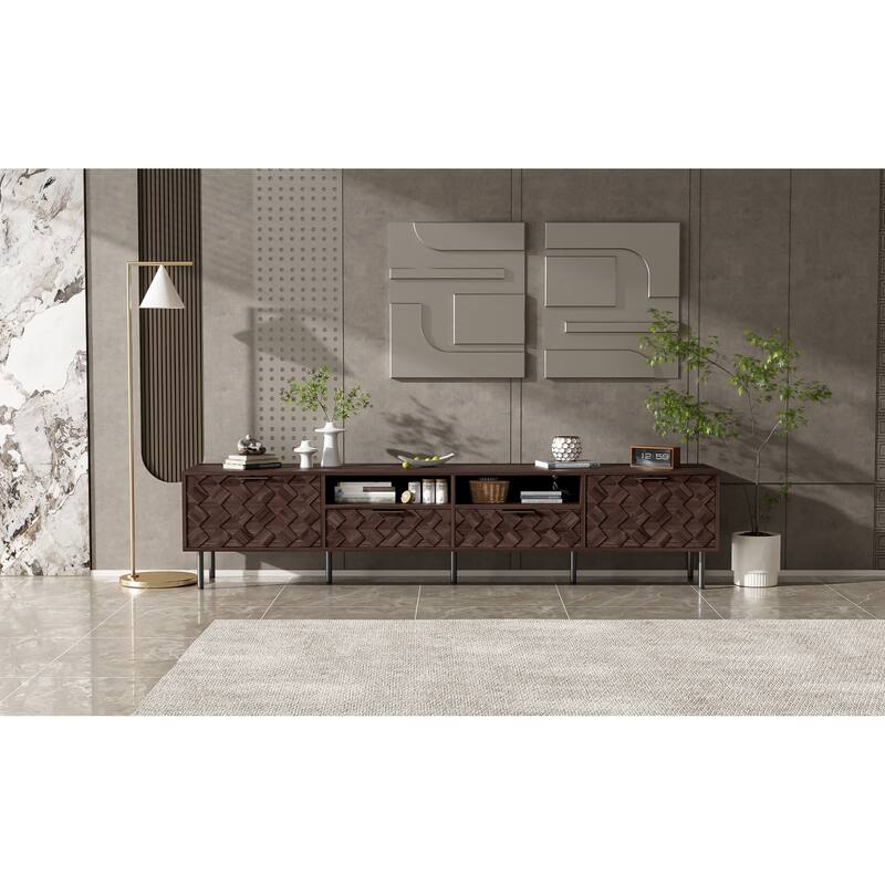 Roomfitters 78 Inch Modern TV Stand for TVs up to 85 Inch, Media Console with Soft-Closing Hinges & Sturdy Iron Legs, Walnut