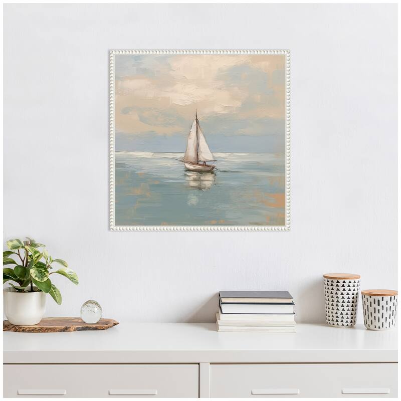 Kate and Laurel Sylvie Calm Pastel Sailboat Landscape Framed Canvas by The Creative Bunch Studio