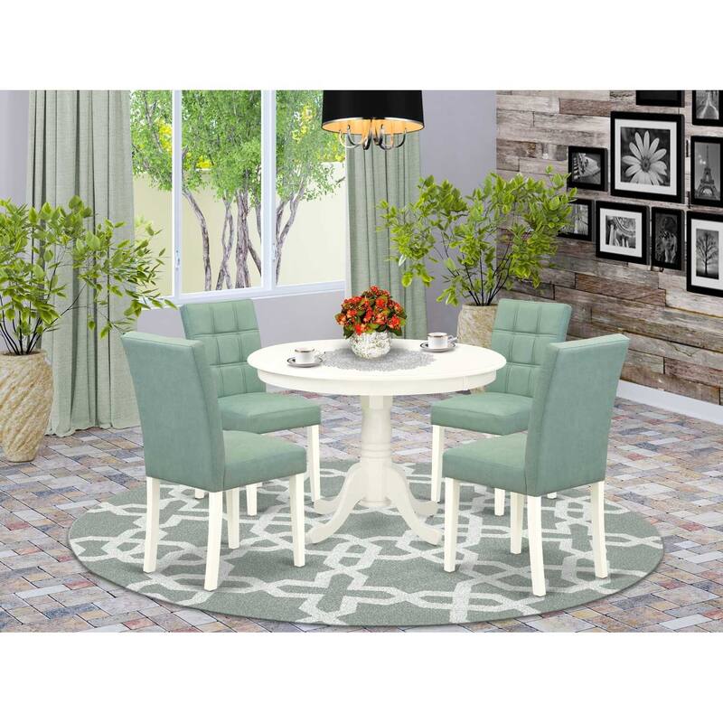 Round Kitchen Table Set with 4 Chairs - Linen White Asian Fusion Dining Set