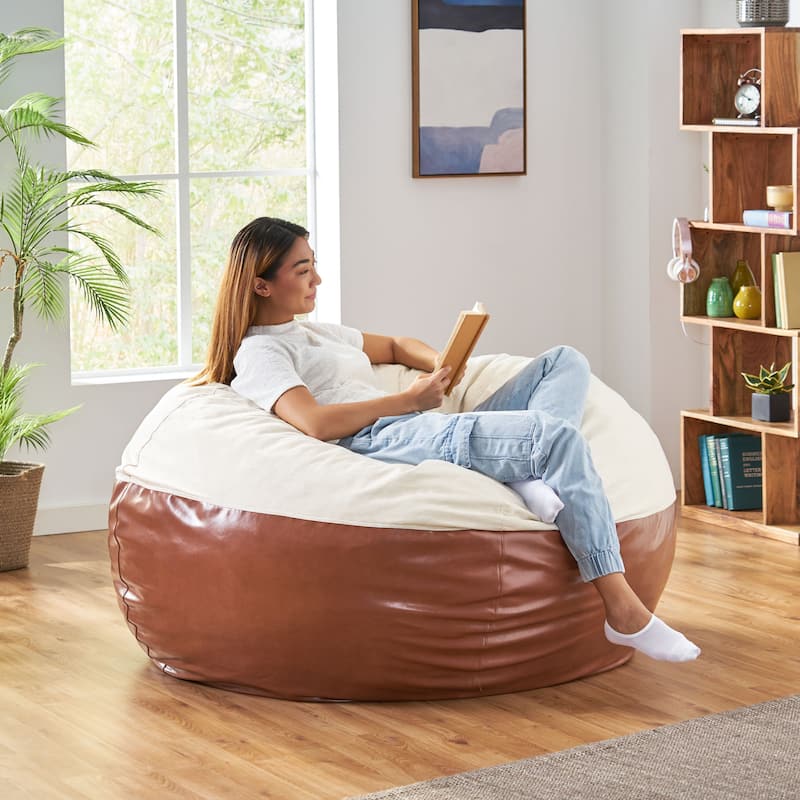 Ohnstad Modern 5 Foot Two Toned Fabric and Faux Leather Bean Bag by Christopher Knight Home - Light Gray + Coffee Brown