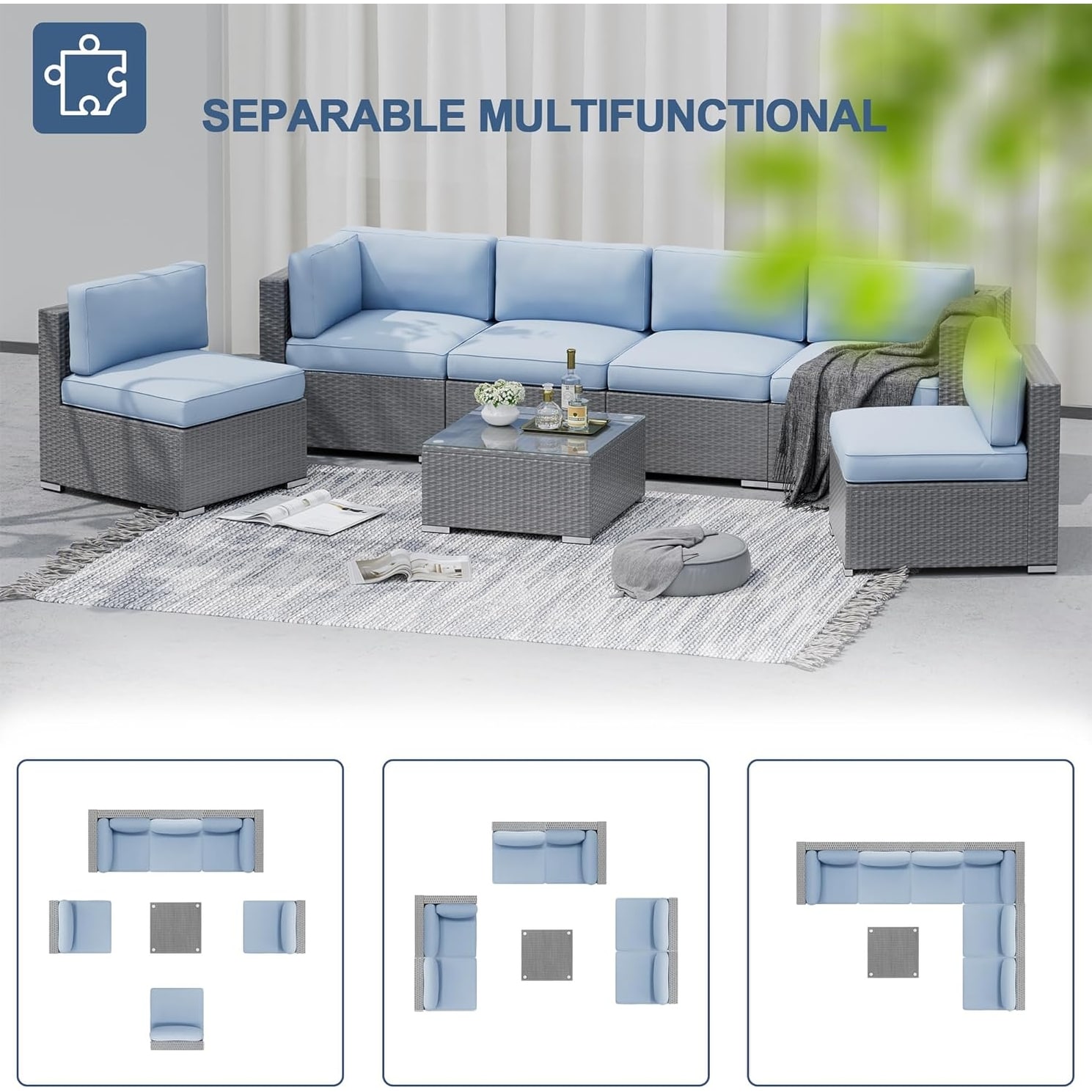 SUNCROWN Outdoor 7 Pieces Patio Furniture Grey Wicker Sectional Sofa Set