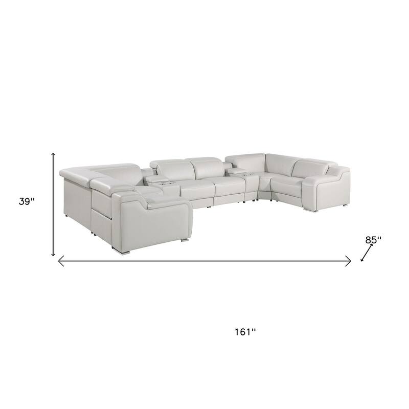 HomeRoots Light Gray Italian Leather Power Reclining U Shaped Eight Piece Corner Sectional With Console