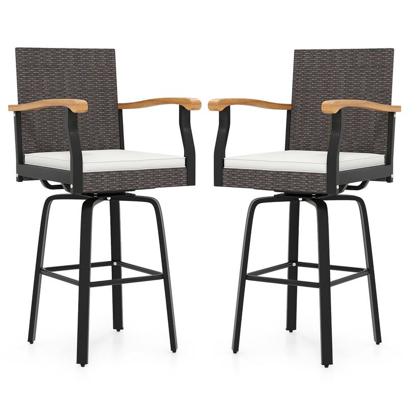 Gymax 2 PCS Outdoor Rattan 360 degree Swivel Bar Stool w/ Removable - Brown