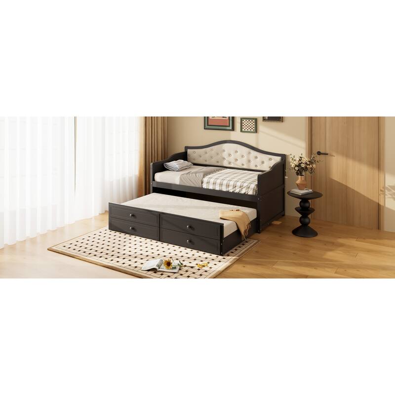 Wooden Frame Day Bed, Twin Size Daybed with Trundle Bed, Upholstered Tufted Button Backrest Sofa Bed with 2 Storage Drawers