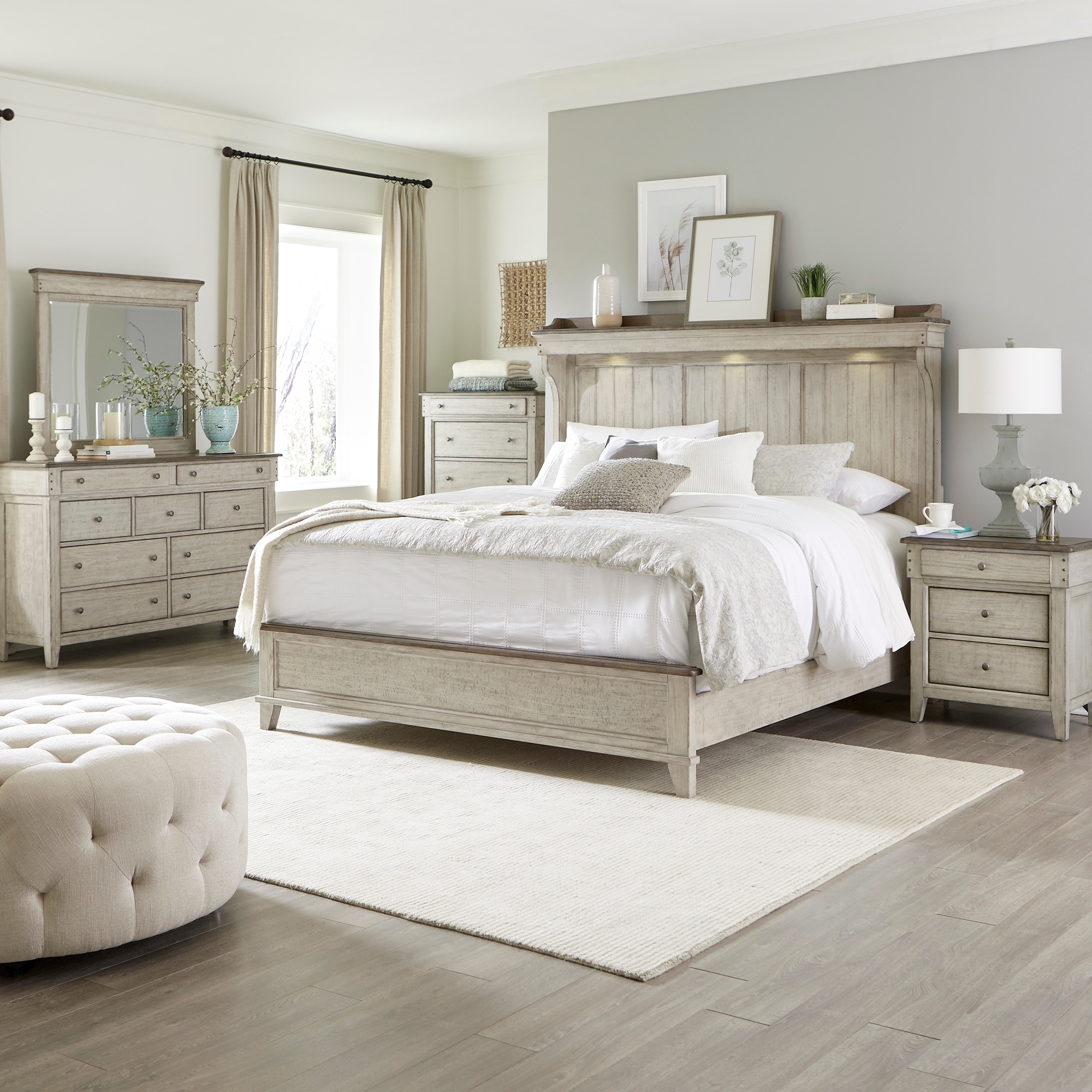 Liberty Furniture Ivy Hollow Mantle Bed, Dresser & Mirror, Chest, Night Stand - King, Queen