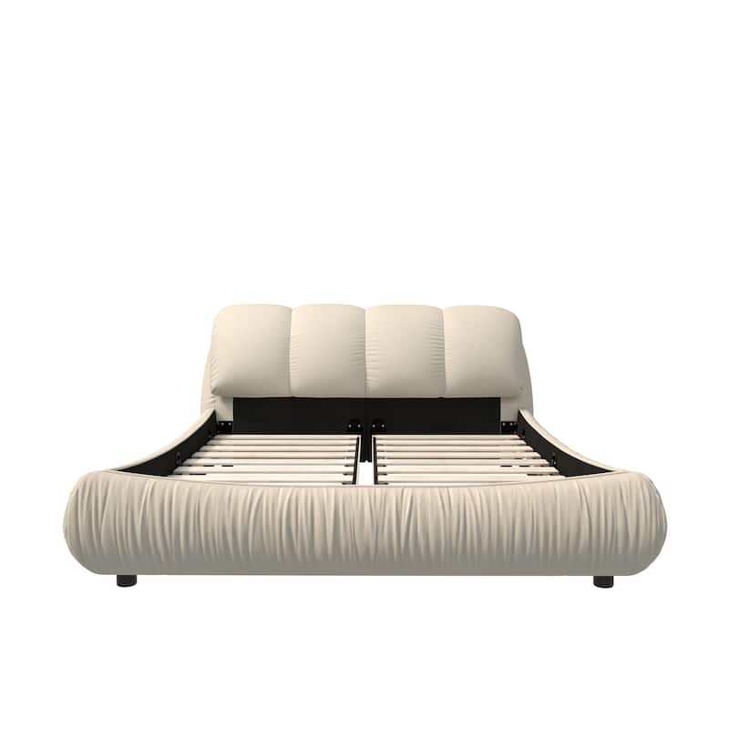 Queen Size Upholstered Platform Bed with Cushioned Headboard - Sturdy Solid Wood Frame.