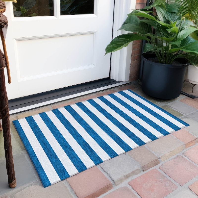 Machine Washable Indoor/ Outdoor Cabana Stripe Chantille Rug - Navy - 1'8" x 2'6"