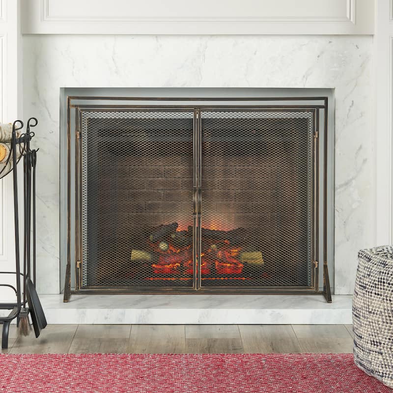 Modern Iron Fireplace Screen with Easy Access Doors and Matte Finish