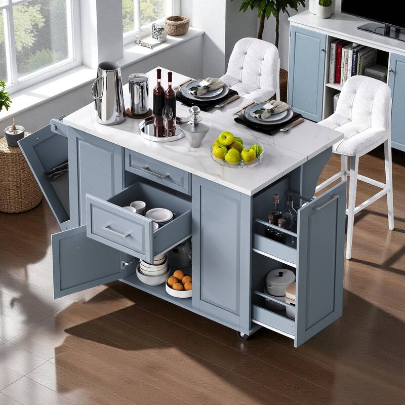 50.7" Rolling Kitchen Island with Tilt Trash Cabinet, Drop Leaf, Pull-Out Organizer, 2 Drawers and 1 Door