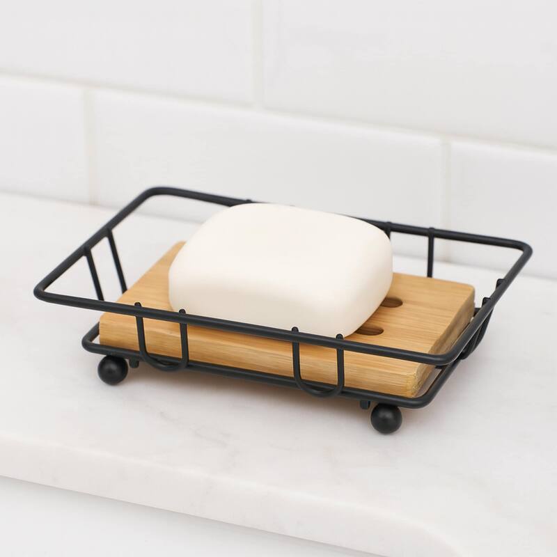 Bathroom Soap Dish Bamboo Tray Metal Wire - 4.14" L x 3.4" W x 1.4" H