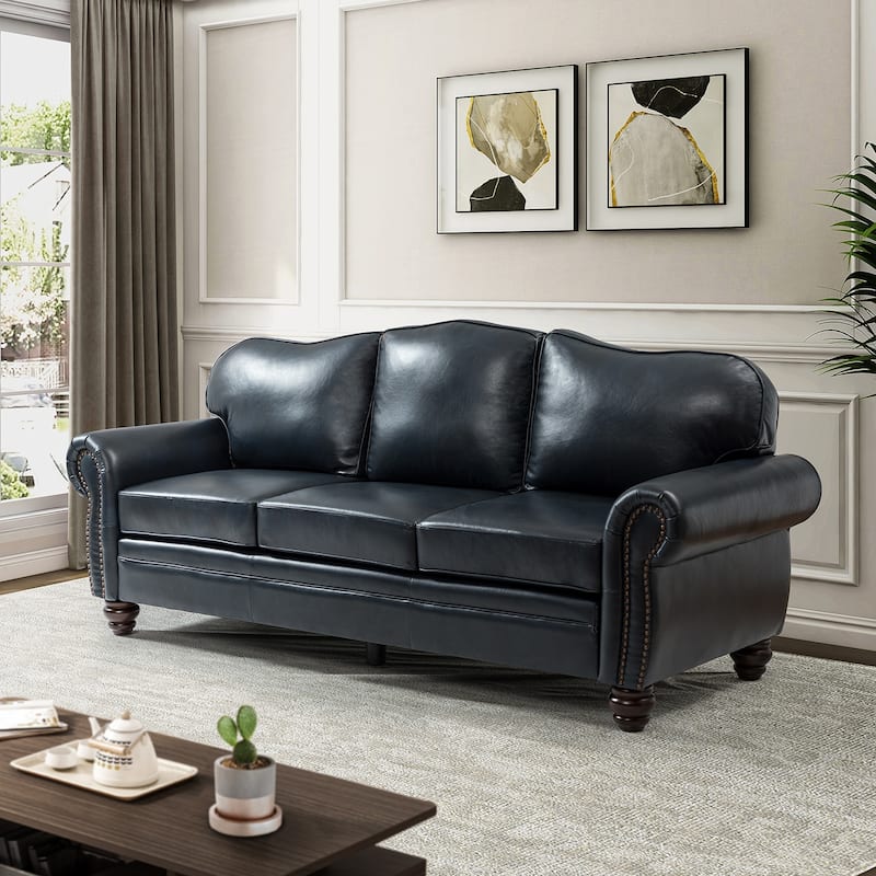 Balvino 81" Wide Transitional Genuine Leather Rolled Arm Sofa with Nailhead Trim and Removable Cushions