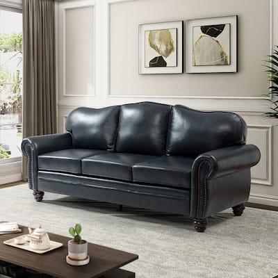 Balvino 81" Wide Transitional Genuine Leather Rolled Arm Sofa with Nailhead Trim and Removable Cushions