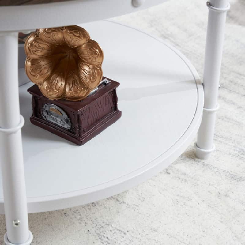 Double-layer Round Dark Walnut-colored Black-veined MDF Panel, White Wrinkled Baked Iron Frame, Industrial Style Coffee Table