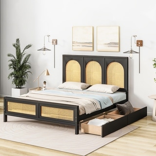 Rattan Design Full Wingback Bed Wood Storage Platform Bed with Headboard, 2 Drawers and Footboard, No Box Spring Required, Black