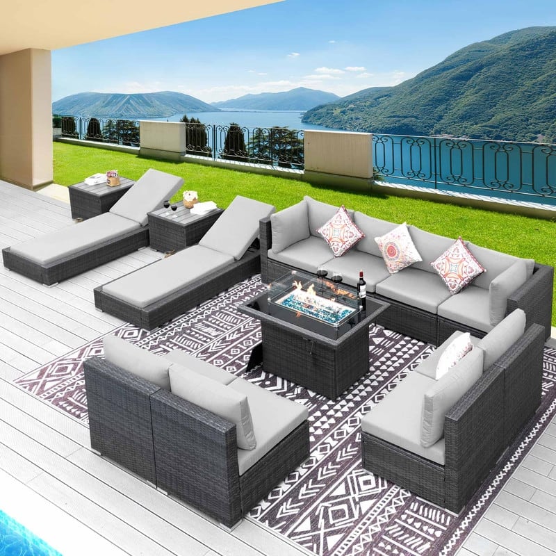 FINCATI 13-Piece Wicker Sectional Patio Conversation Set with 43" CSA Fire Pit, High-Back Deep Seating, Lounge Chaise, Dual Fuel