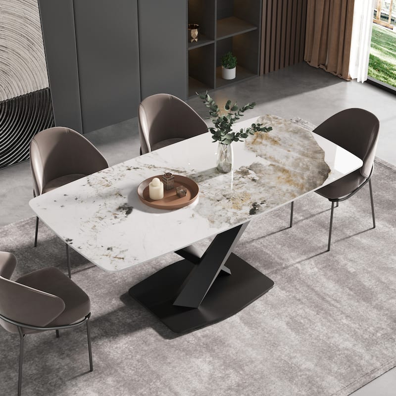71"Marble Sintered Stone Dining Table with X-Shape Carbon Steel Pedestal - Pandora