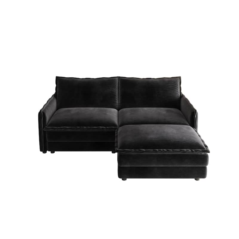 Corduroy Upholstered 2 Seater L Shaped Couch 75" Deep Seat Loveseat Sofa with Ottoman - Black