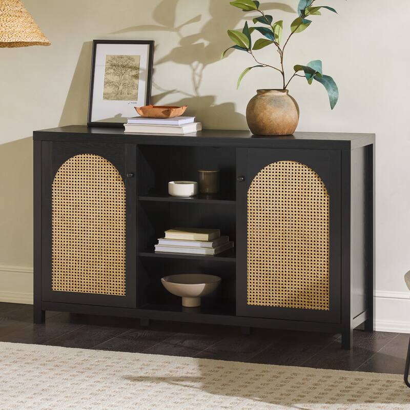 Transitional 58" 2-Door Sideboard with Arched Rattan Panels for Living Room, Bedroom and Office