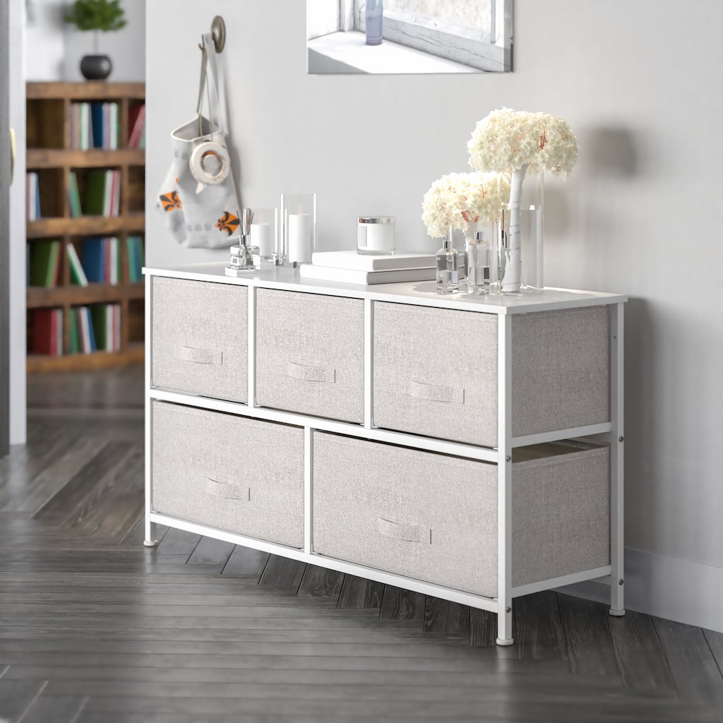 5 Drawer Storage Chest with Wood Top & Dark Fabric Pull Drawers