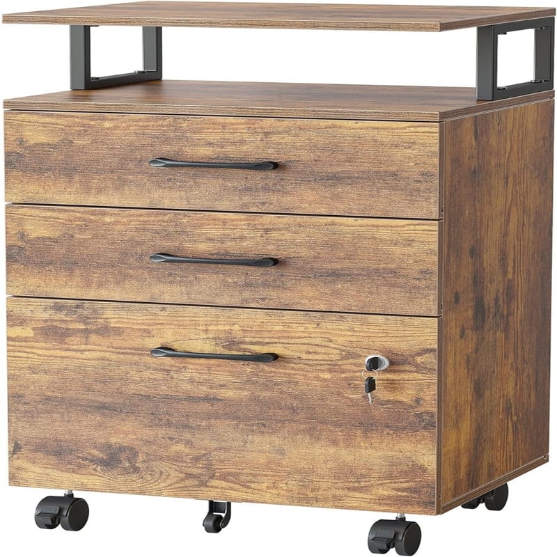 3-Drawer Rolling Filing Cabinet - 6.3"D x 30.12"W x 21.65"H - Rustic Brown
