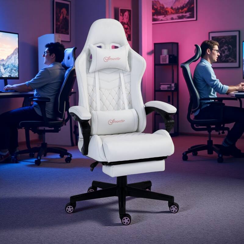 PU Leather Racing Gaming Chair with Footrest, 130° Recline and Lumbar Support - White