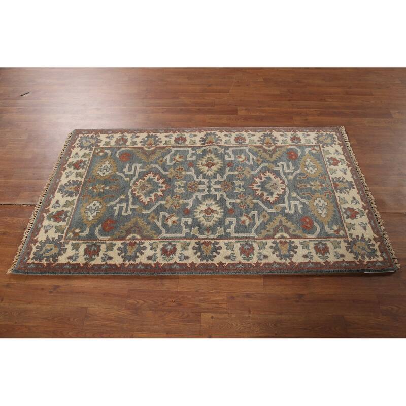 Gray Geometric Oushak Indian Accent Rug Hand-Knotted Wool Carpet - 3'1"x 5'4"