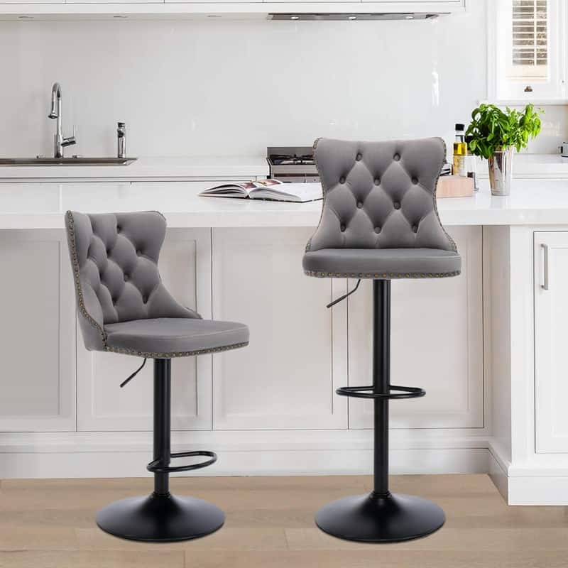 Velvet Upholstered Nailheads Tufted Swivel Bar Stools (Set of 2)