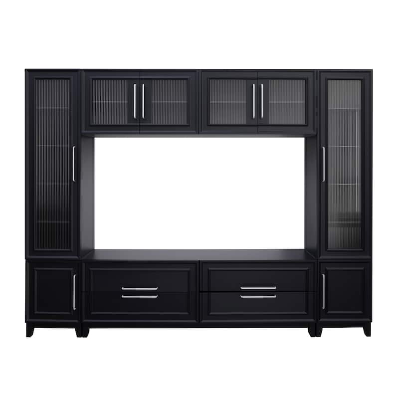 102" W Entertainment Unit TV Stand for TVs up to 75", Wall Unit Entertainment Center with Glass Cabinets