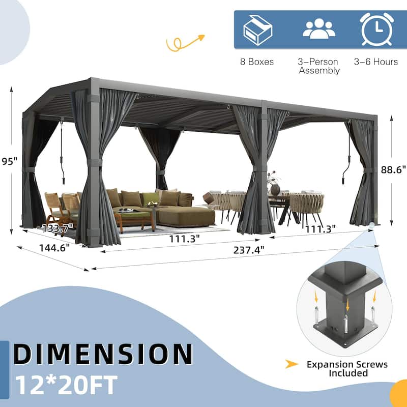 EROMMY Outdoor Louvered Pergola Gazebo with Adjustable Aluminum Rainproof Roof and Pull-Down Screen