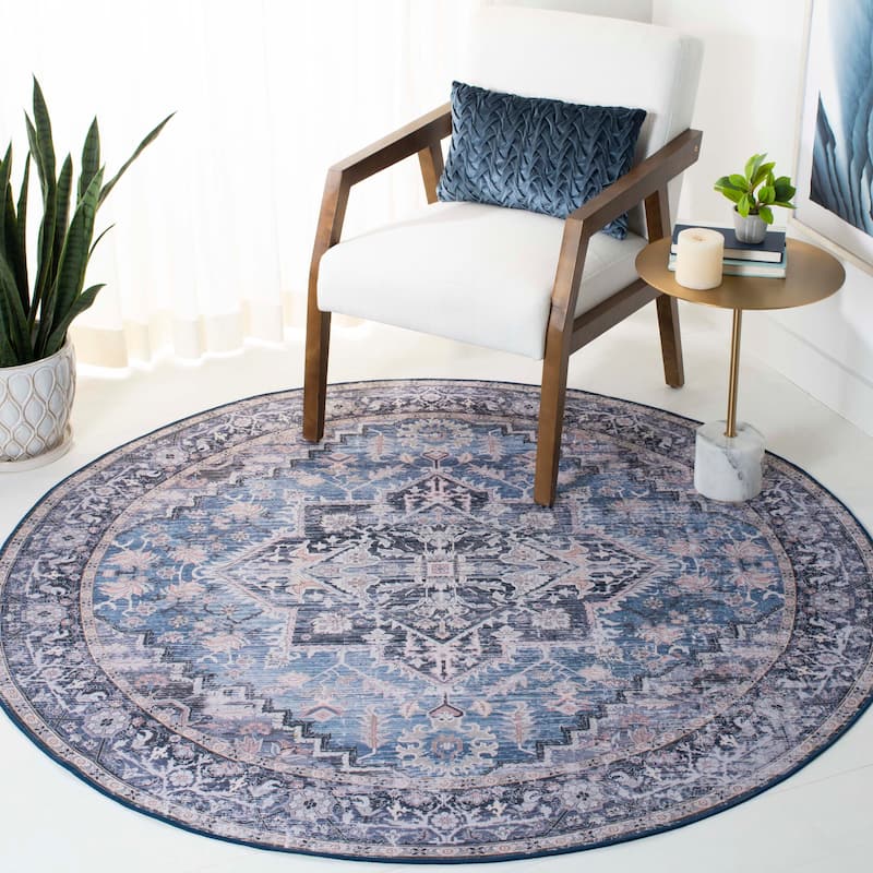 SAFAVIEH Tucson Machine Washable Slip Resistant Sina Traditional Rug - 8' Round - Blue/Charcoal