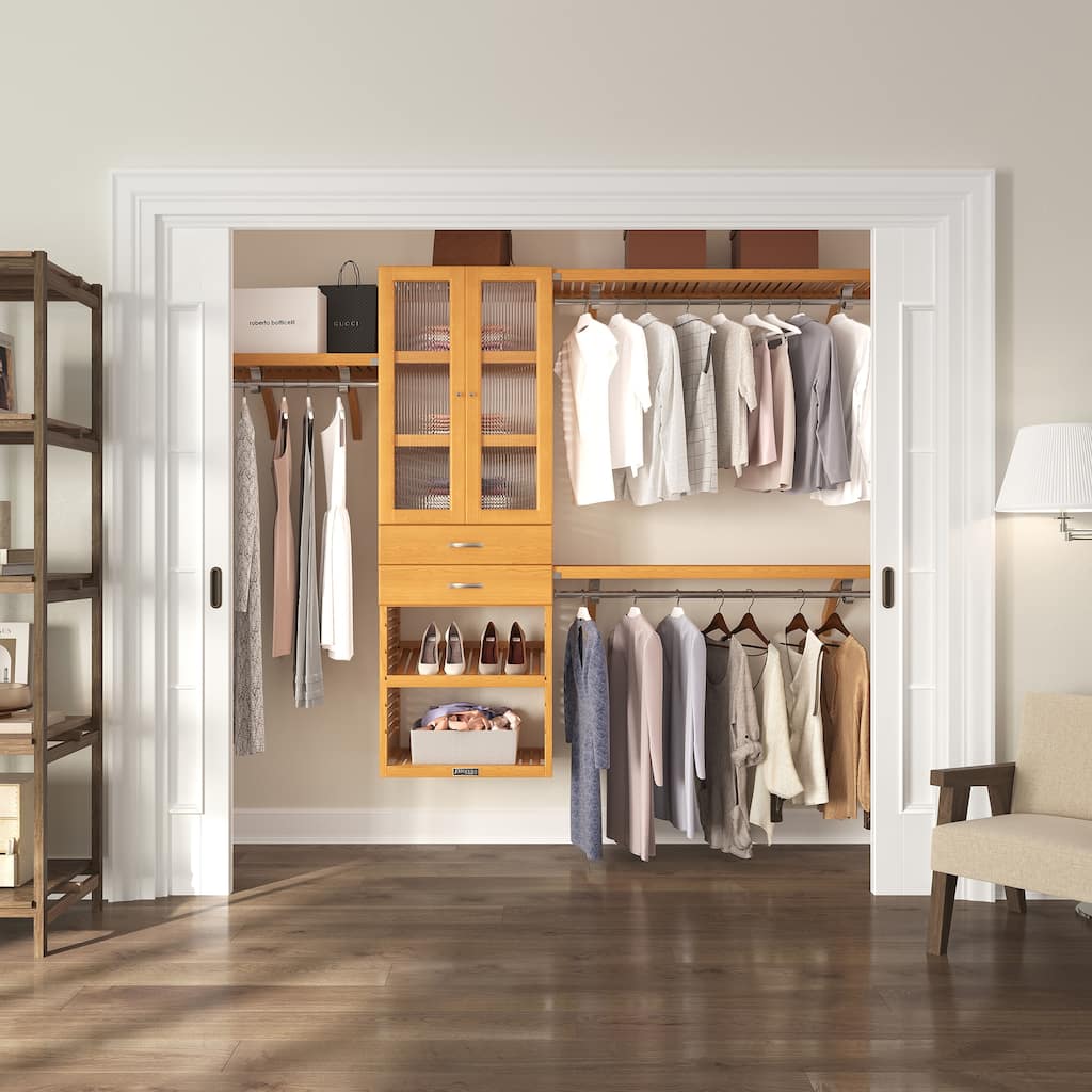 John Louis Home Solid Wood Walk-In Closet System with 2-Drawers and Doors Honey Maple