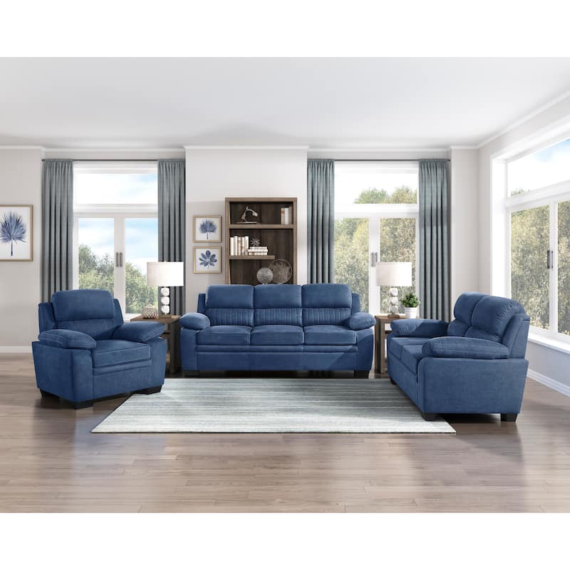 Blue Textured Fabric Plush Seating Chair with Solid Wood Frame