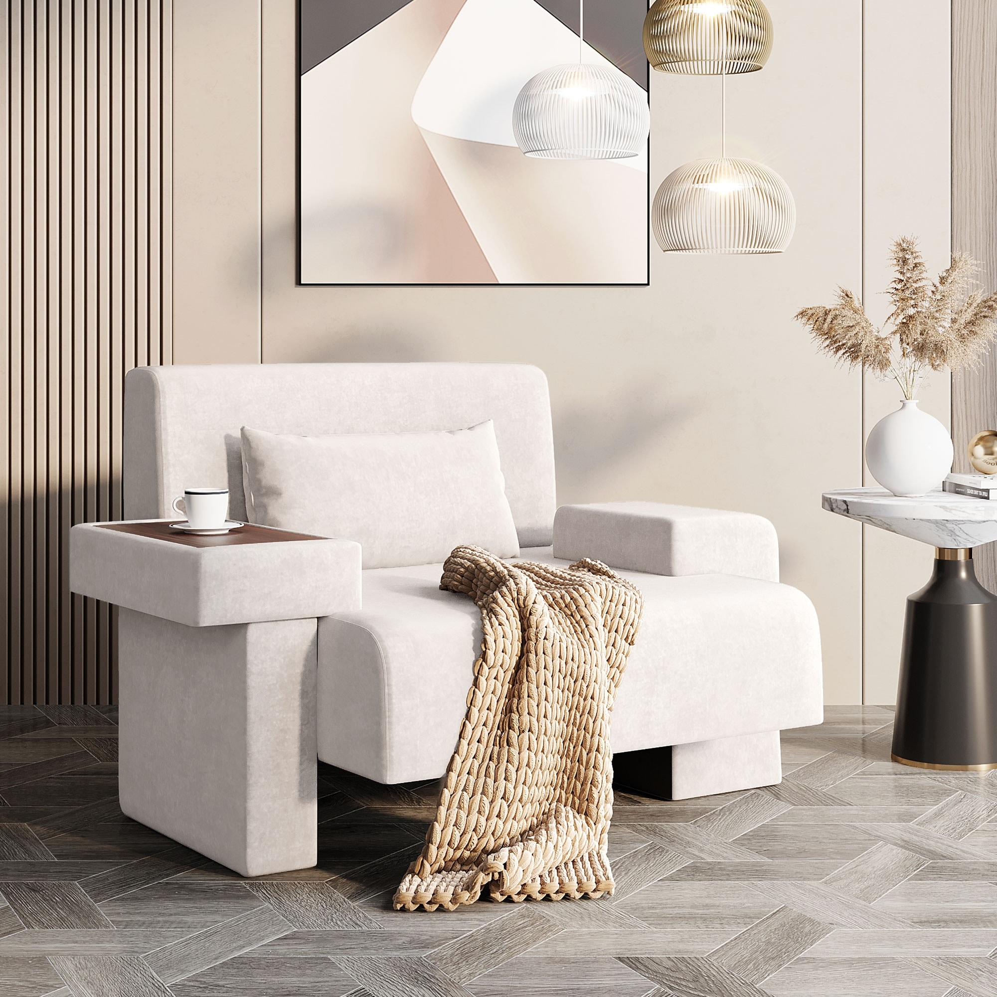 Modern Armchair Lounge Chair Sofa Chair with Built-In Storage, Wooden Table Armrest, Extra-Wide Seat