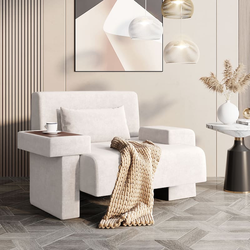 Modern Armchair Lounge Chair Sofa Chair with Built-In Storage, Wooden Table Armrest, Extra-Wide Seat - Beige