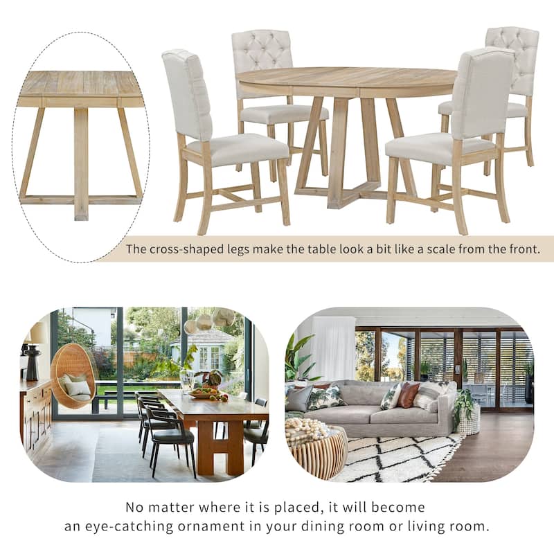 5-Piece Retro Extendable Round Dining Table Set, 42"-58" Wood Table with Leaf and 4 Upholstered Chairs for Dining Room
