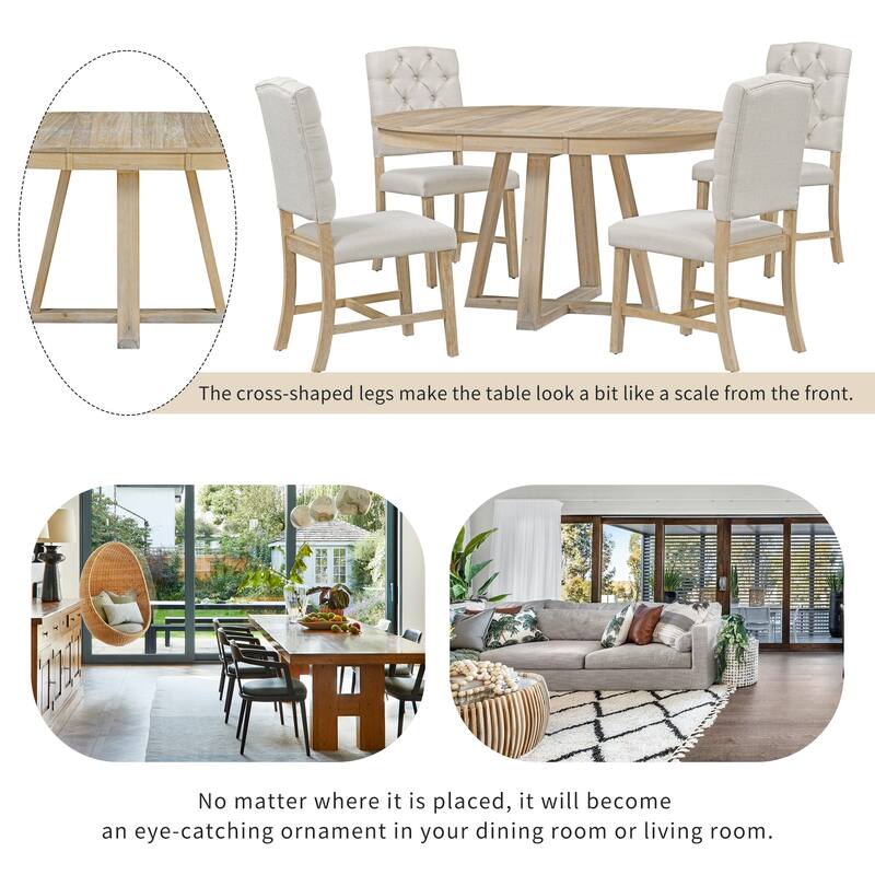Natural Round Extendable Dining Table with Cross Legs, Practical Dining Table Chair Set, Upholstered Dining Chairs with Back