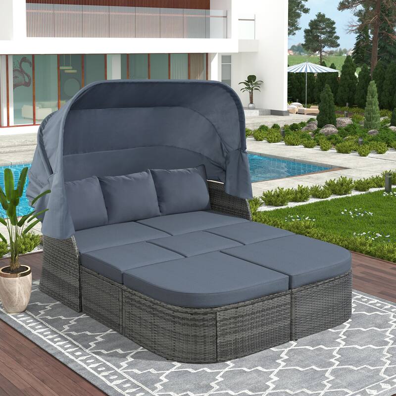 6 Piece Patio Sectional Conversation Set Outdoor Rattan Daybed Rectangle Sunbed with Retractable Canopy and Storage Coffee Table