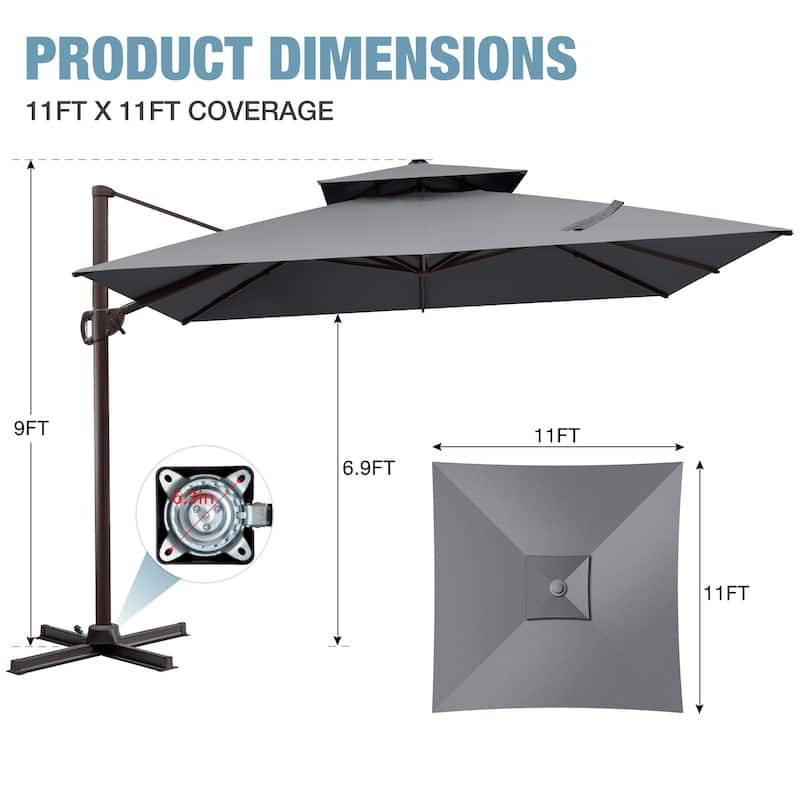 VredHom 11x11 FT Outdoor Patio Double Top Cantilever Offset Umbrella