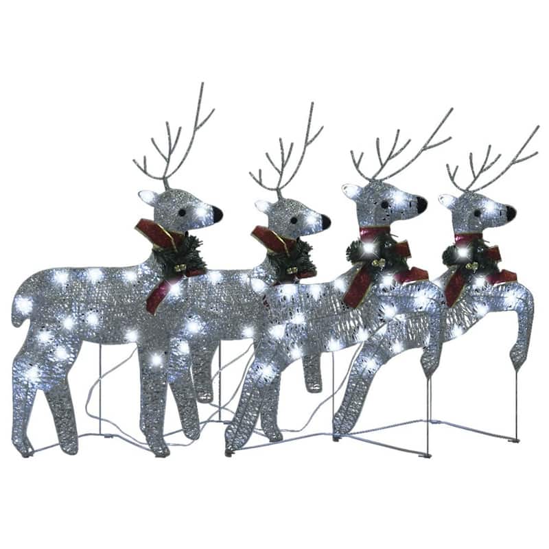 Outdoor 4 Reindeer Christmas Decor, 80 Cool White LEDs, Silver Metal - Silver, Cool White