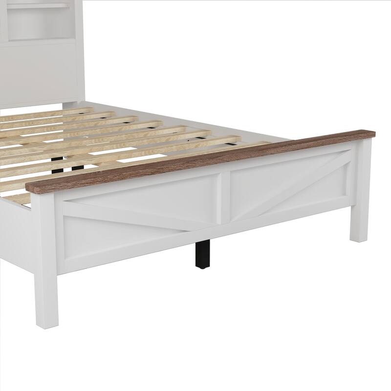 Queen Farmhouse Platform Bed Frame with Double Sliding Barn Door, USB Charging and Storage Headboard, Furniture for Bedroom